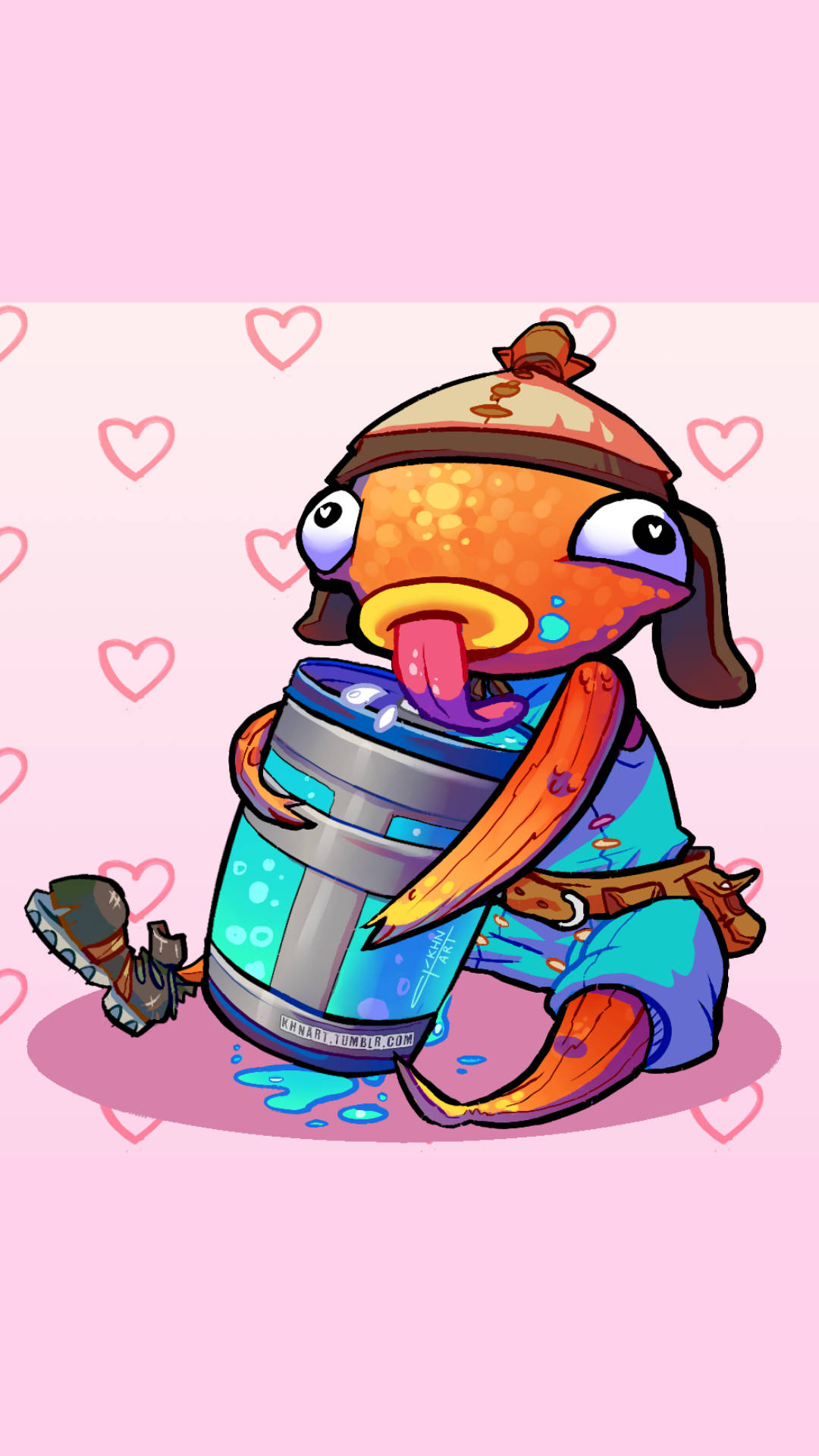 Fishstick 桌布 壁紙 — 一條卡通風格的橙色魚，戴著帽子伸出舌頭，開心地拿著一個油漆桶，背景是粉紅色心形圖案。