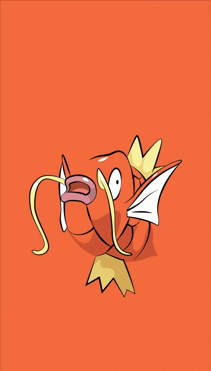 Magikarp 桌布 壁紙 — 一條卡通風格的橙色魚，有黃色魚鰭和驚訝的表情，在純橙色背景上游動。