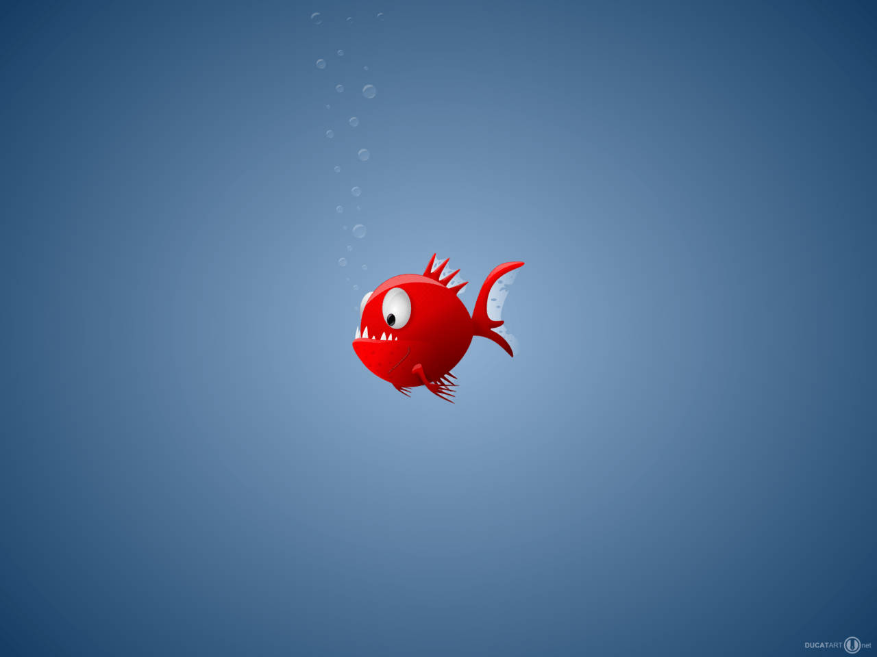 Deviantart 桌布 壁紙 — 一條卡通風格的紅魚，有鋒利的牙齒和氣泡，漂浮在漸變藍色背景上。