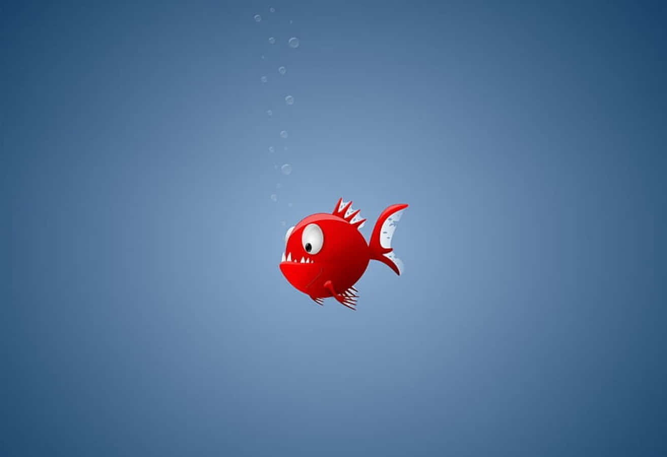 動物 桌布 壁紙 — 一條卡通風格的紅魚，長有尖銳牙齒和尖刺魚鰭，在藍色水中向上游動，留下一串氣泡。