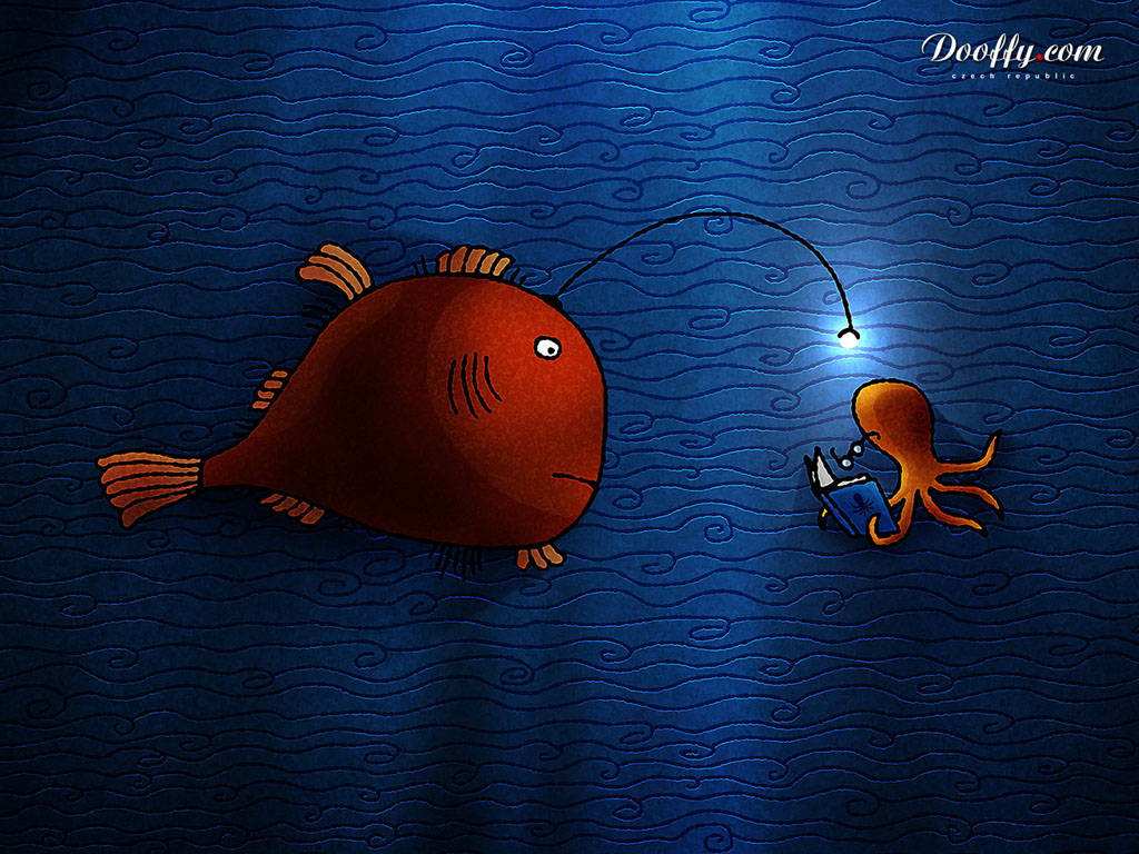 章魚 桌布 壁紙 — 一條卡通風格的紅魚，魚線鉤住一隻拿著發光燈籠的小章魚在水下。