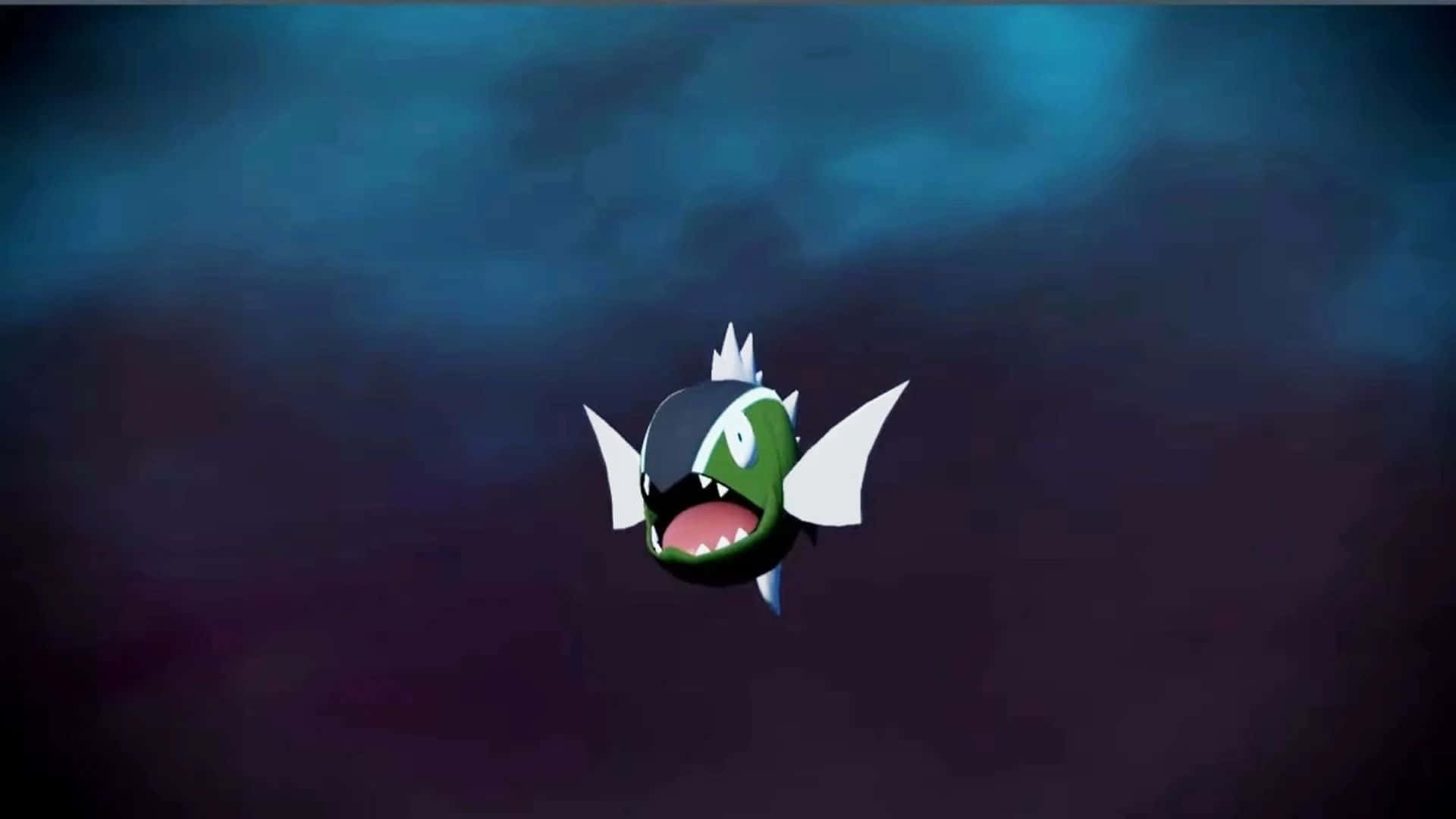 電玩遊戲 桌布 壁紙 — 一條卡通風格的綠色魚，有尖銳的牙齒和白色魚鰭，在深藍色多雲的背景中游動。