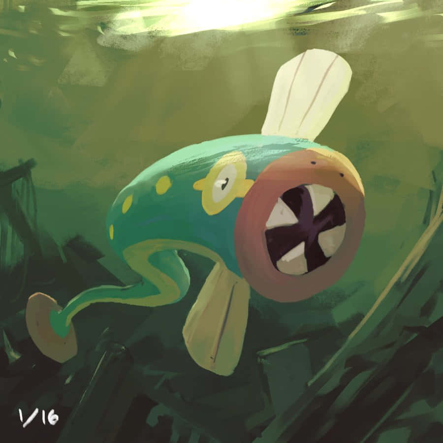 Pokemon Landscape 桌布 壁紙 — 一條卡通風格的綠色魚，長著螺旋槳嘴巴，在柔和綠光照耀下的渾濁水下植物叢中游動。