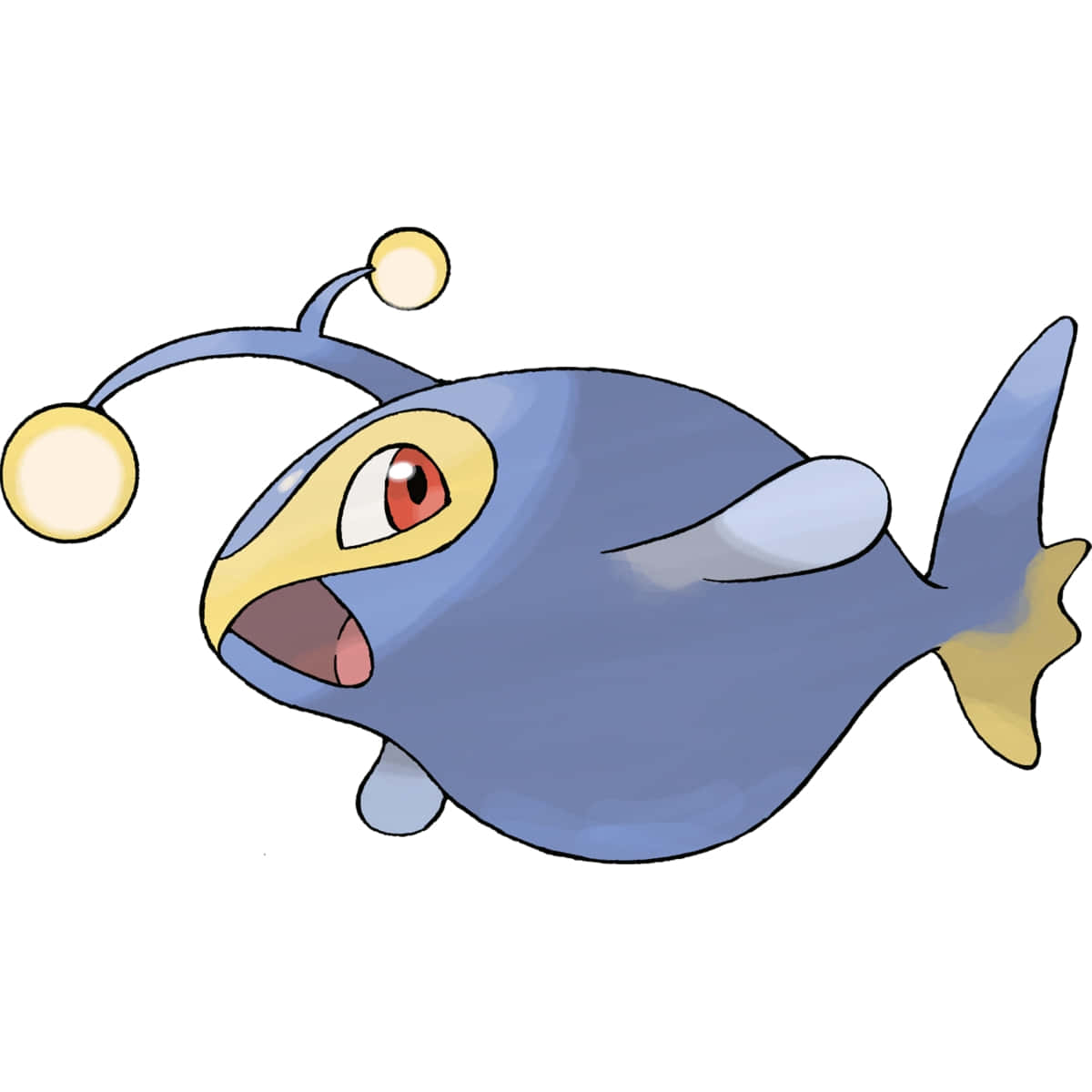 Pokemon Aesthetic 桌布 壁紙 — 一條卡通風格的藍色魚，帶有黃色點綴和觸角上的發光球體，在純白色背景上游動。