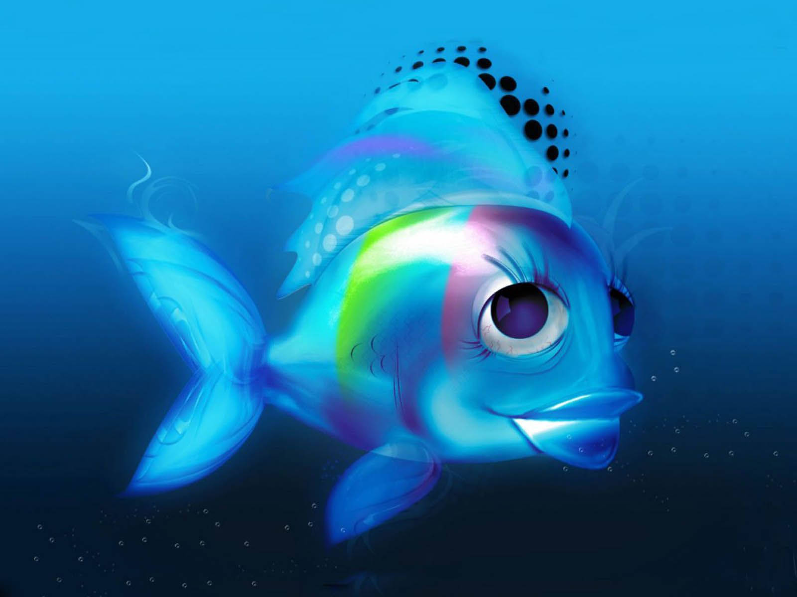 Beautiful Fish 桌布 壁紙 — 一條卡通魚，有大眼睛和彩虹鱗片，在深藍色的海水中游動。