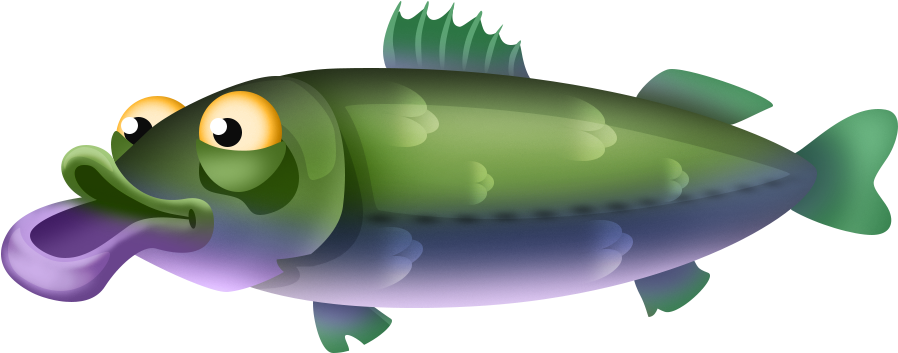 Carp 桌布 壁紙 — 一條卡通魚，有大黃色眼睛和紫色嘴巴，在黑色背景上游動。