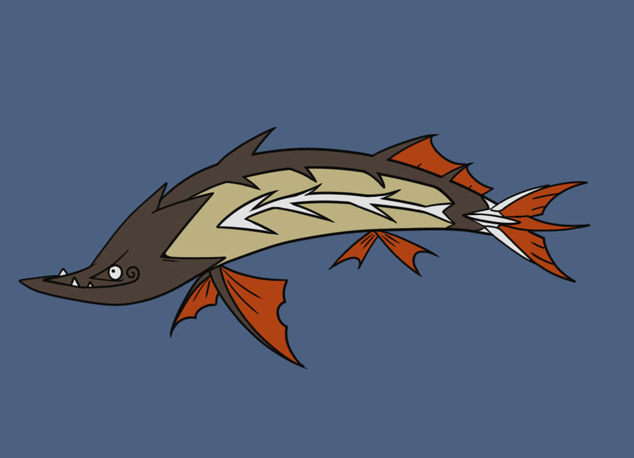 壁紙 — 一條卡通魚，長有長而尖的鼻子和橙色魚鰭，在純藍色背景中游動。