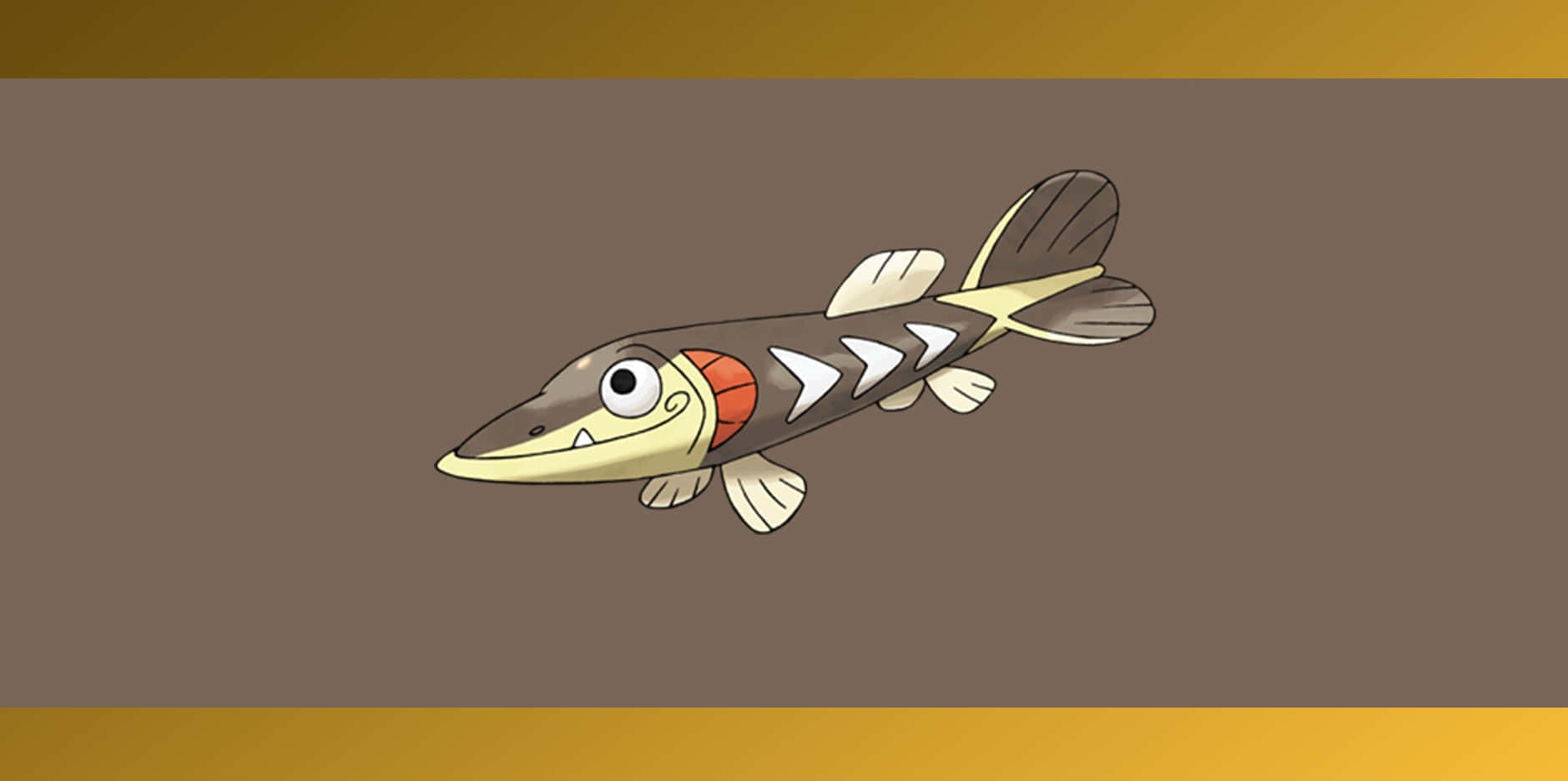 寶可夢 桌布 壁紙 — 一條卡通魚，長有長鼻子和白色箭頭圖案，在金色邊框框住的棕色背景上游泳。