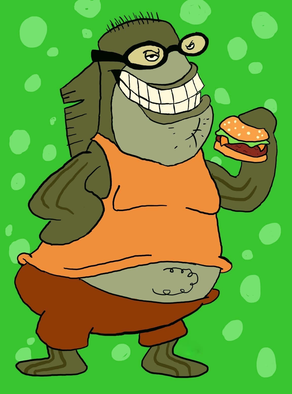 Bubble Bass 桌布 壁紙 — 一條卡通魚戴著眼鏡和橙色背心，在綠色泡泡背景前高興地舉起一個漢堡。