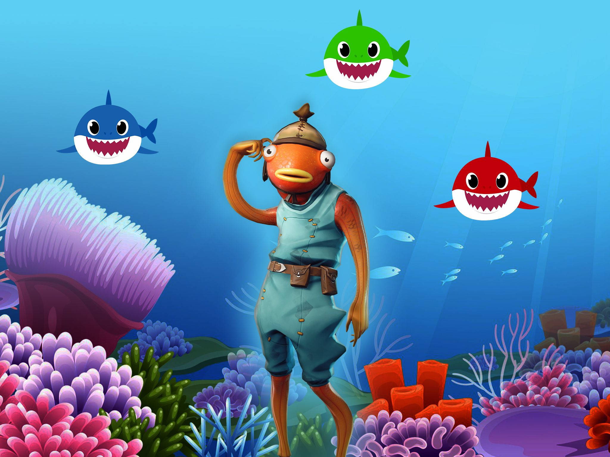 Fishstick 桌布 壁紙 — 一條卡通魚穿著水手服在色彩繽紛的珊瑚中敬禮，附近有三條微笑的嬰兒鯊魚漂浮著。