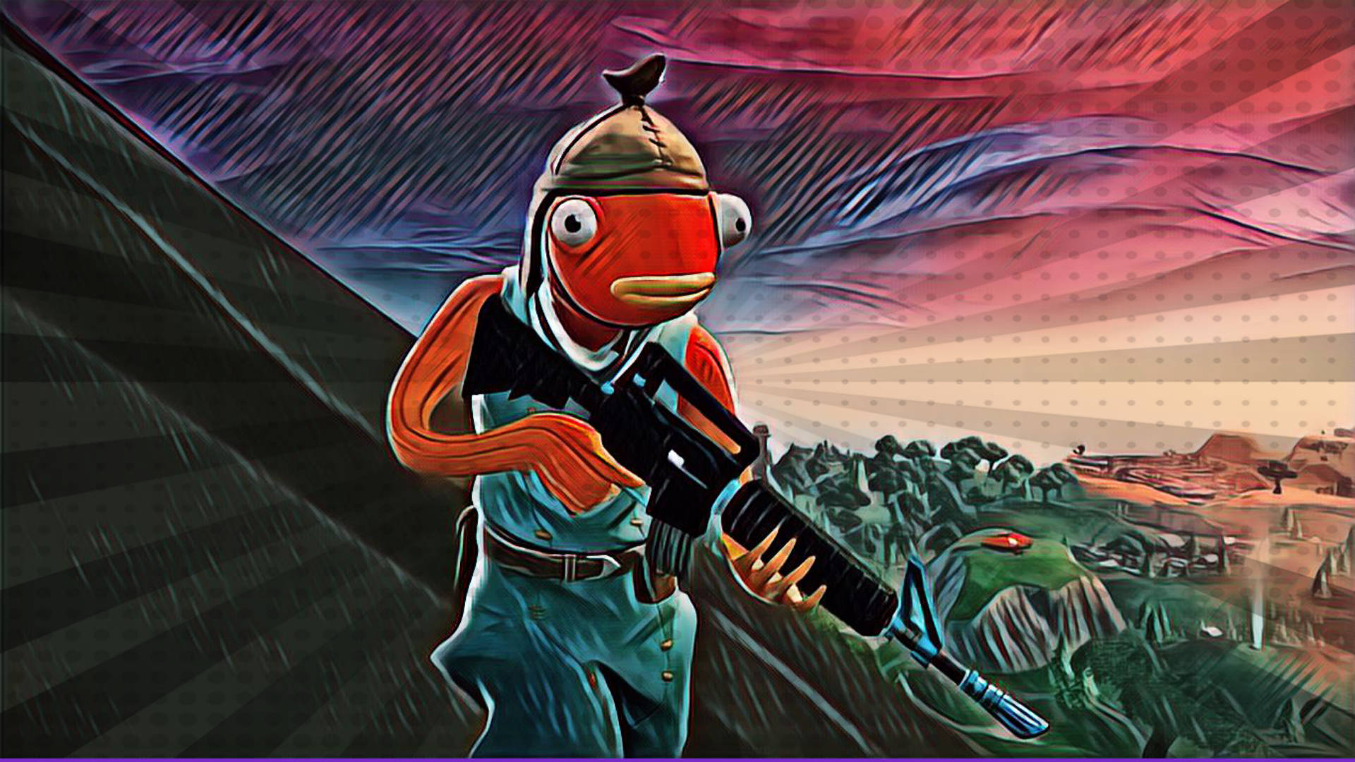 Fishstick 桌布 壁紙 — 一條卡通魚穿著軍服，在崎嶇地形上戲劇性的紫色和粉紅色天空下拿著步槍。