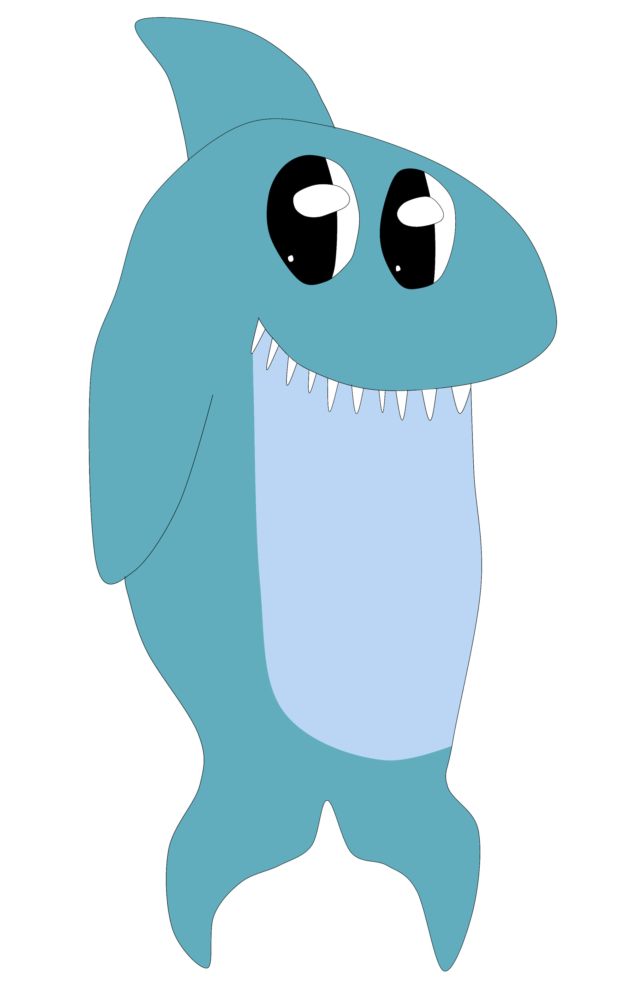 Cartoon Animal 桌布 壁紙 — 一條卡通鯊魚，有大圓眼睛和尖牙，以簡單的藍色調直立站立。