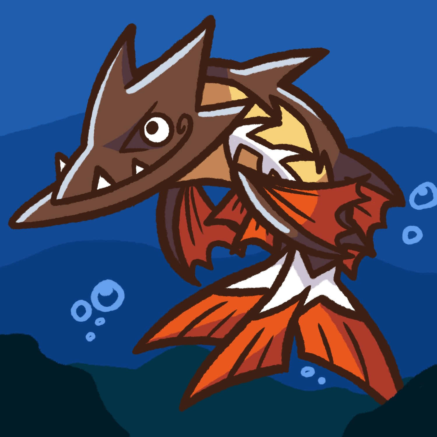 水下動畫 桌布 壁紙 — 一條卡通鯊魚，有橙色魚鰭，在深藍色海水中游動，周圍有氣泡升起。