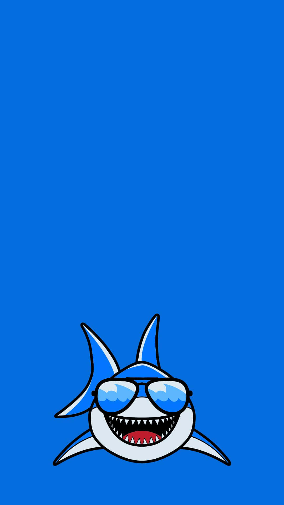 Cool Shark 桌布 壁紙 — 一條卡通鯊魚戴著太陽眼鏡，在純藍色背景上咧嘴大笑。