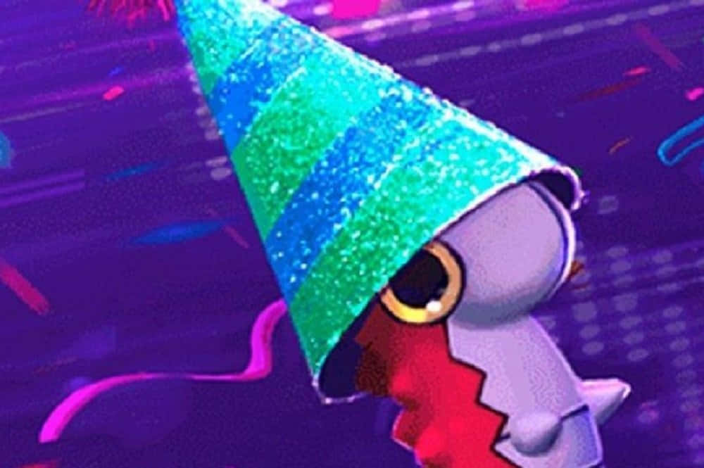 Party 桌布 壁紙 — 一條卡通鯊魚戴著閃亮的藍綠色派對帽，背景是充滿活力的紫色數位背景。