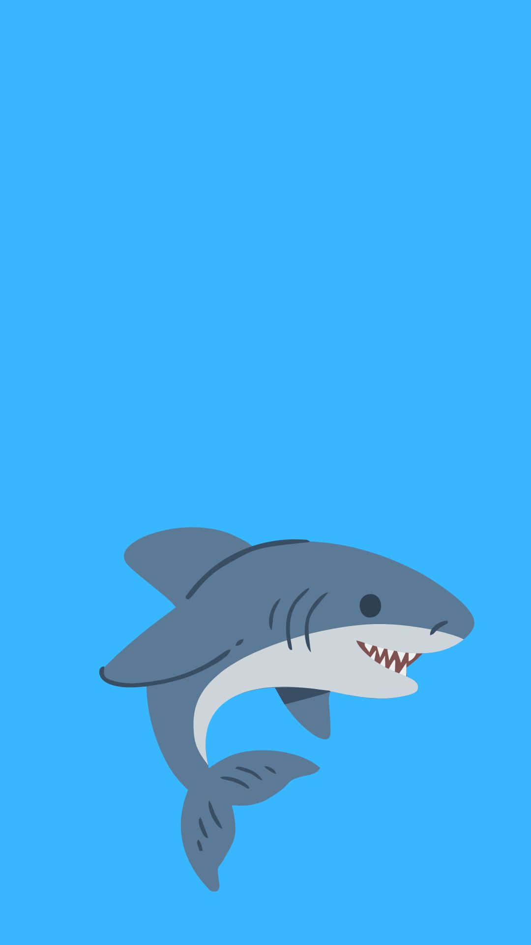 Cool Shark 桌布 壁紙 — 一條卡通鯊魚長有尖牙，在純藍色背景上向上游動。