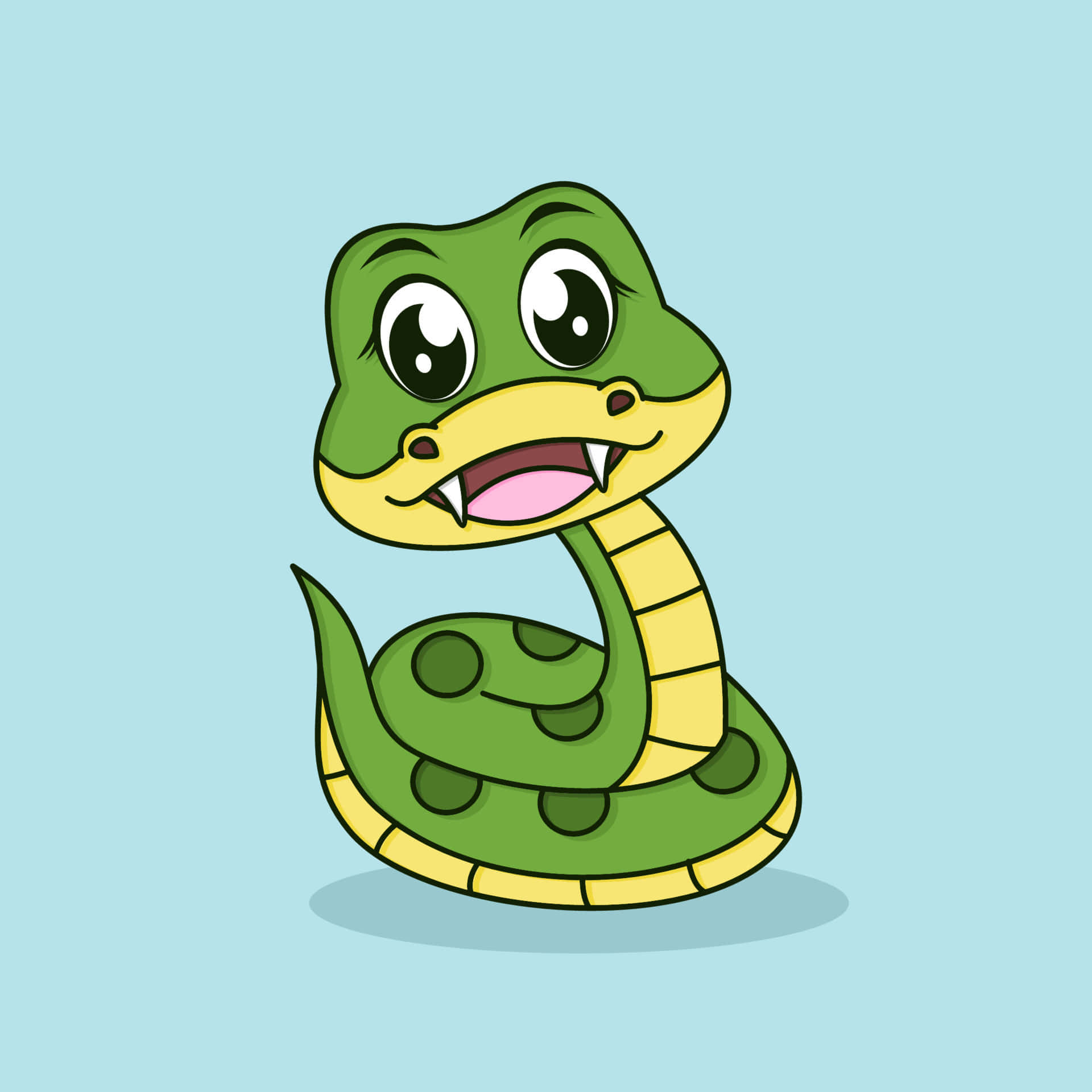 snakes 桌布 壁紙 — 一條可愛的卡通綠色蛇，有大眼睛和黃色腹部，在淺藍色背景上微笑。