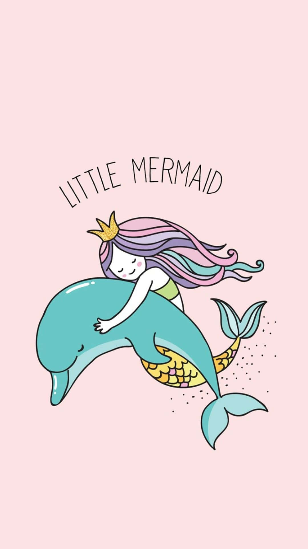 Kawaii Mermaid 桌布 壁紙 — 一條可愛的卡通美人魚，擁有彩虹尾巴和皇冠，在柔和的粉紅色背景中擁抱微笑的海豚。
