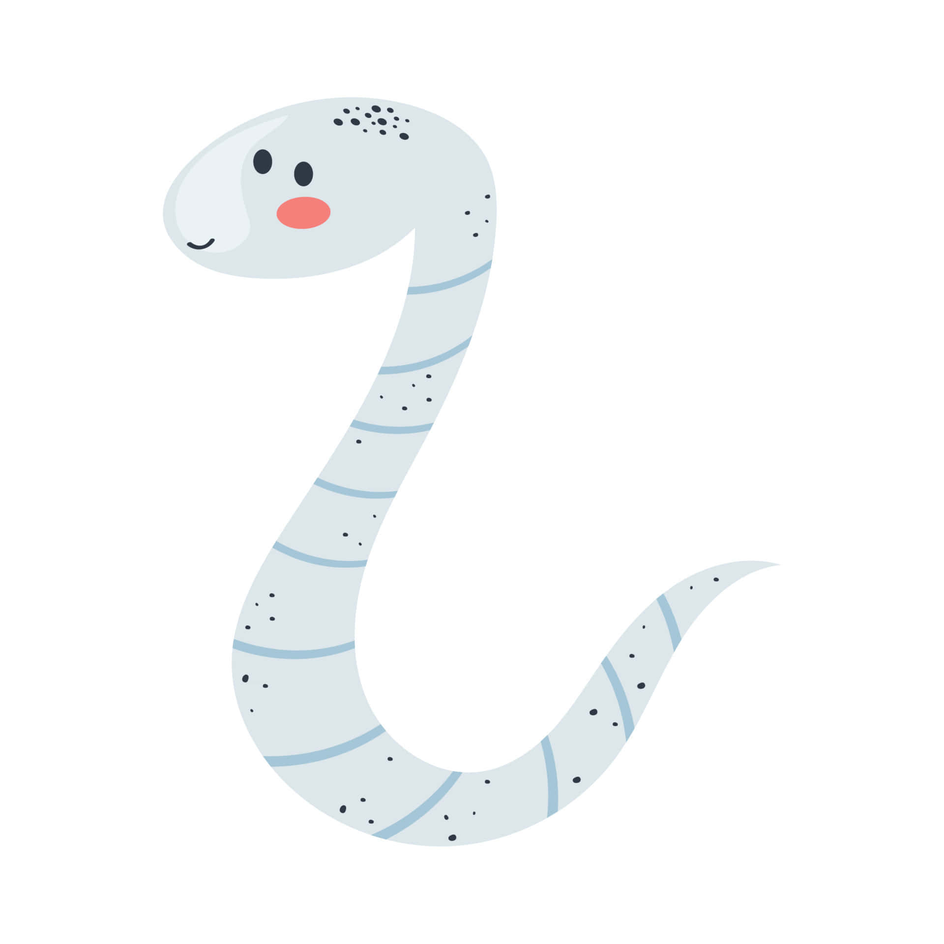snakes 桌布 壁紙 — 一條可愛的卡通蛇，帶有淺藍色條紋和黑色斑點，在純白色背景上微笑。