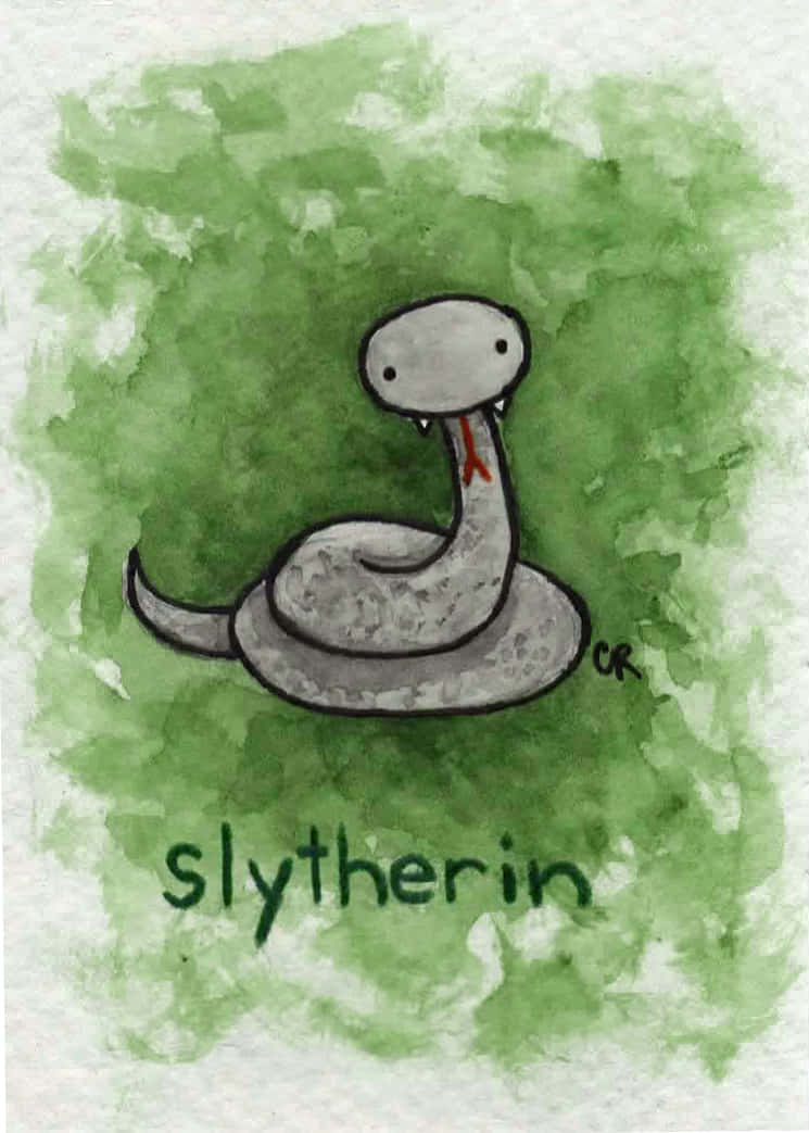Cute Slytherin 桌布 壁紙 — 一條可愛的卡通蛇，帶有紅色分叉舌頭，盤繞在標有slytherin的水彩綠色背景上。