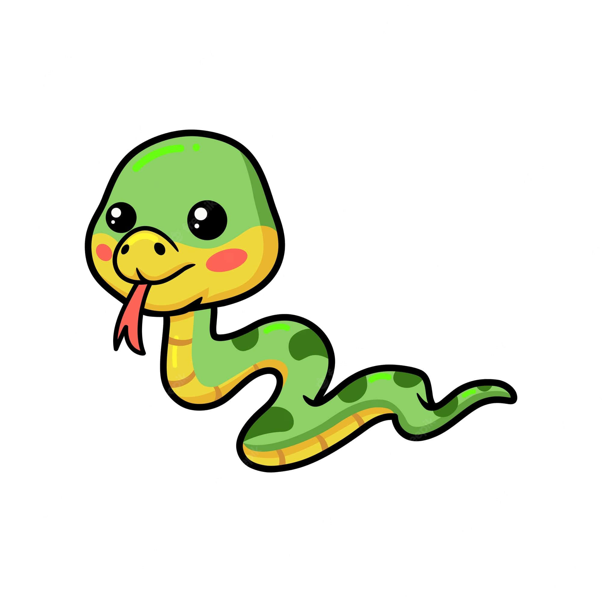 snakes 桌布 壁紙 — 一條可愛的卡通蛇，有綠色和黃色的鱗片、大眼睛和粉紅色的舌頭，在白色背景上頑皮地微笑。