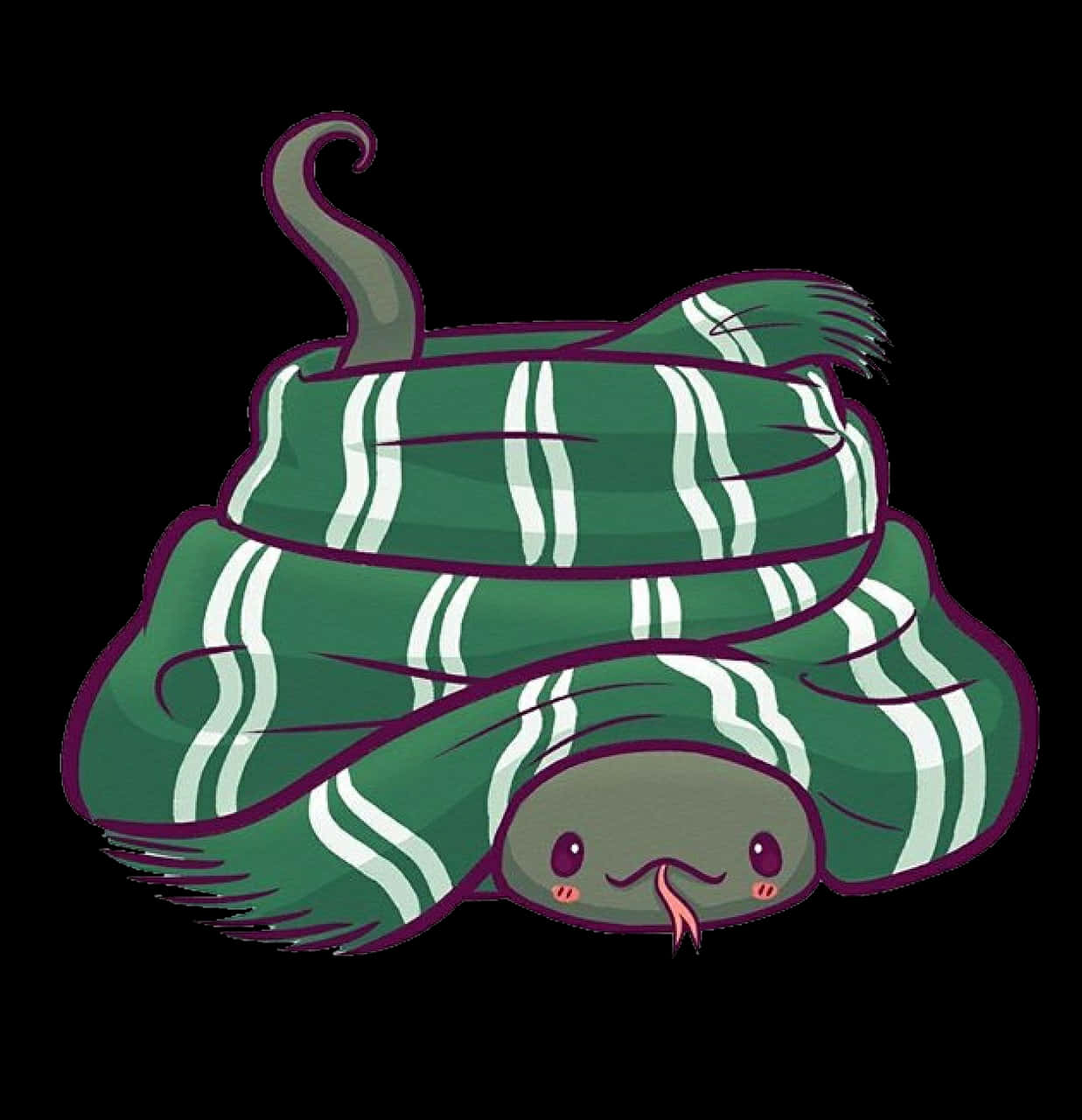 Cute Slytherin 桌布 壁紙 — 一條可愛的卡通蛇，盤繞著綠色和白色條紋，在黑色背景上伸出粉紅色的舌頭。