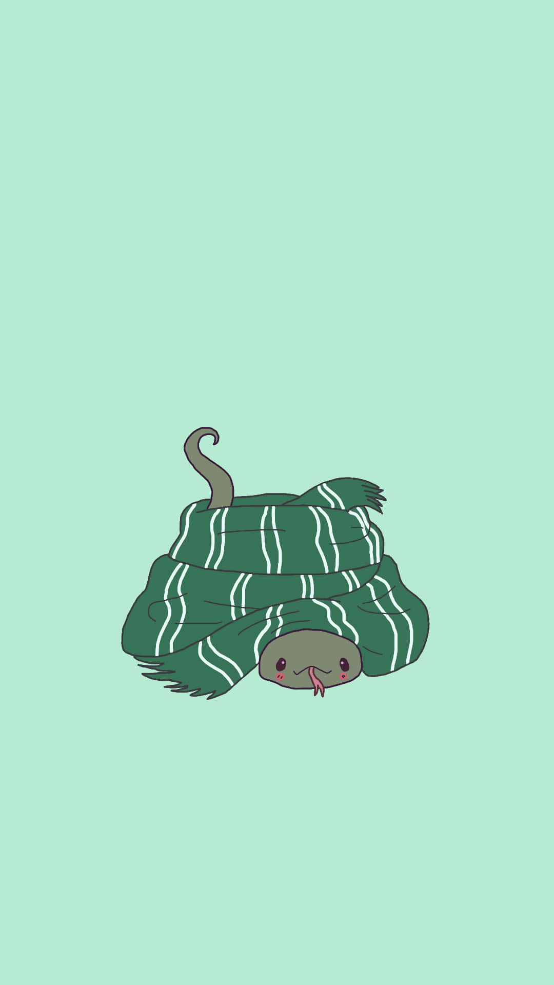 Cute Slytherin 桌布 壁紙 — 一條可愛的卡通蛇，裹著一條綠色和白色條紋的圍巾，背景是薄荷綠色。