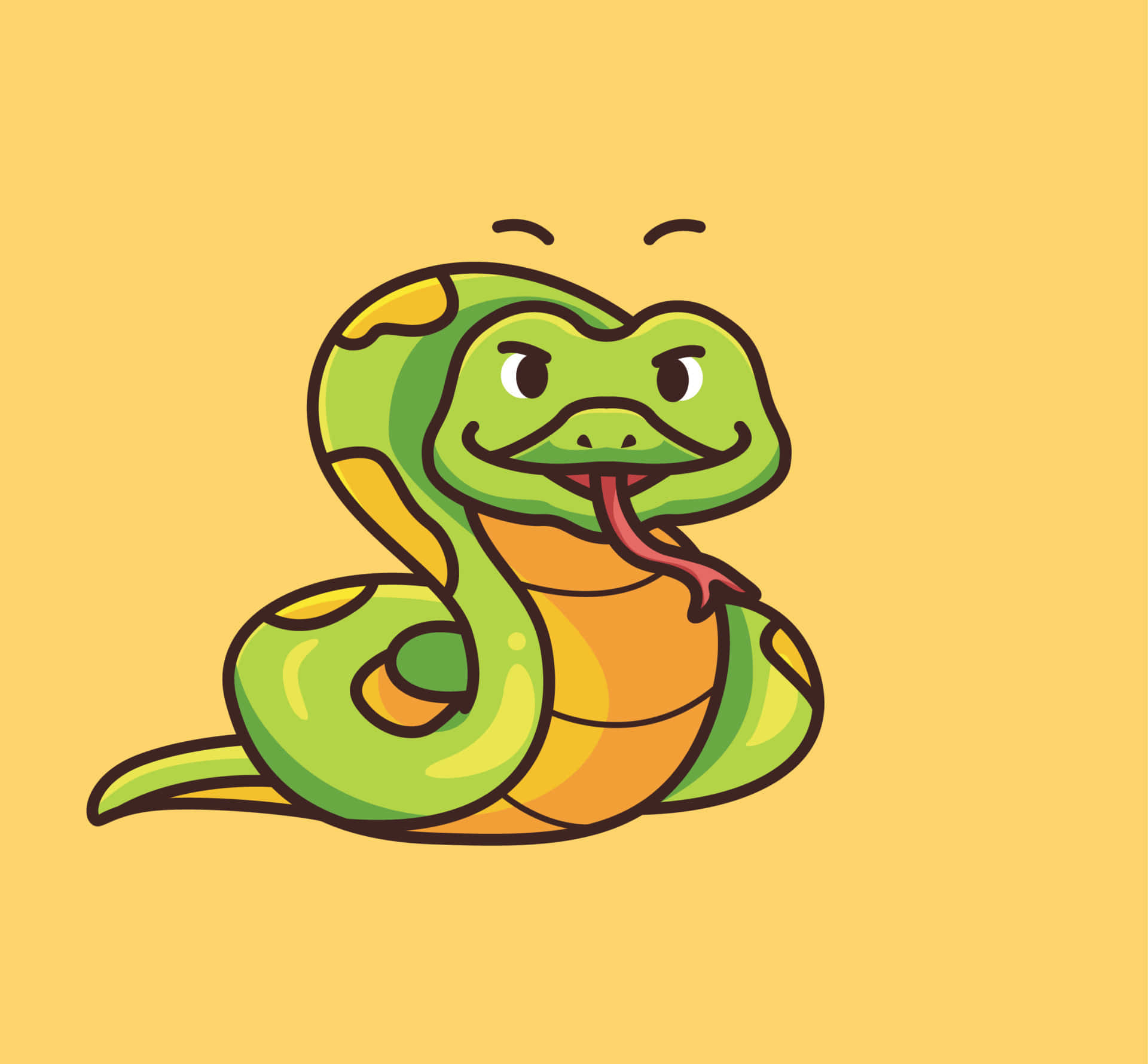 snakes 桌布 壁紙 — 一條可愛的卡通蛇，身上有綠色和橙色的鱗片，在純黃色背景上微笑著伸出粉紅色的舌頭。