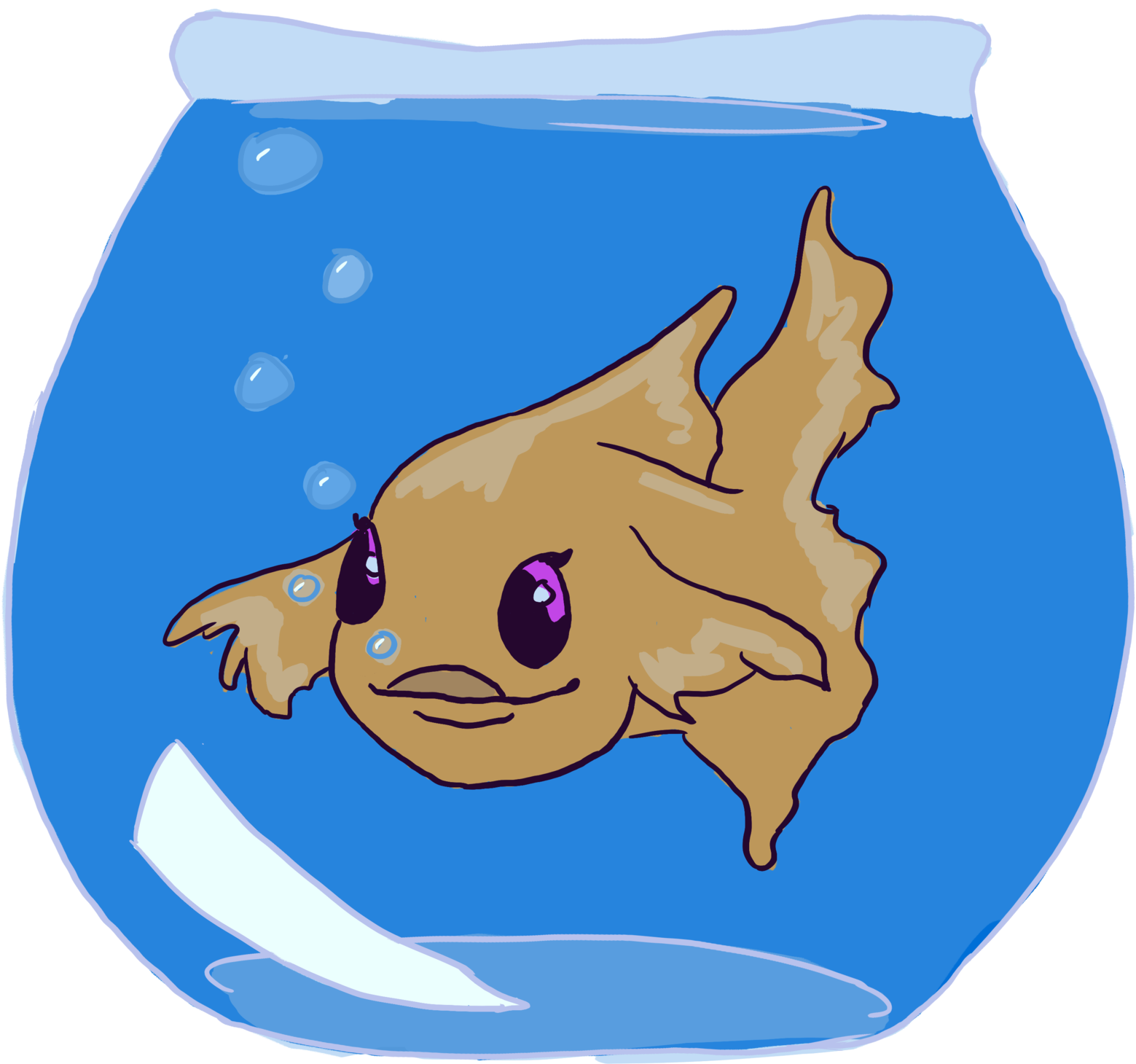 魚 桌布 壁紙 — 一條可愛的卡通金魚，紫色眼睛，在藍色魚缸中游動，周圍有氣泡升起。