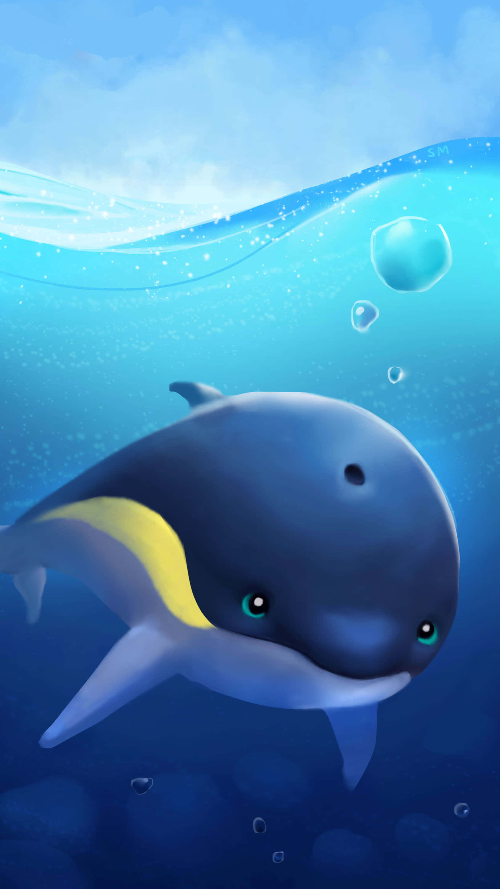 blue whale 桌布 壁紙 — 一條可愛的卡通鯨魚帶有黃色條紋，在水面附近游泳，氣泡穿過清澈的藍色海水上升。