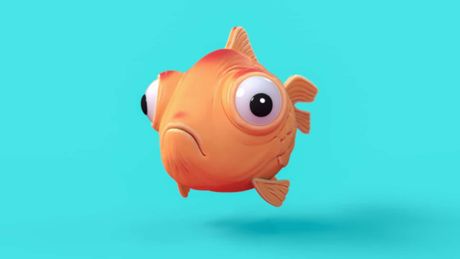 動物 桌布 壁紙 — 一條可愛的橙色3D渲染魚，有著超大眼睛和皺眉表情，漂浮在純色青綠色背景上。