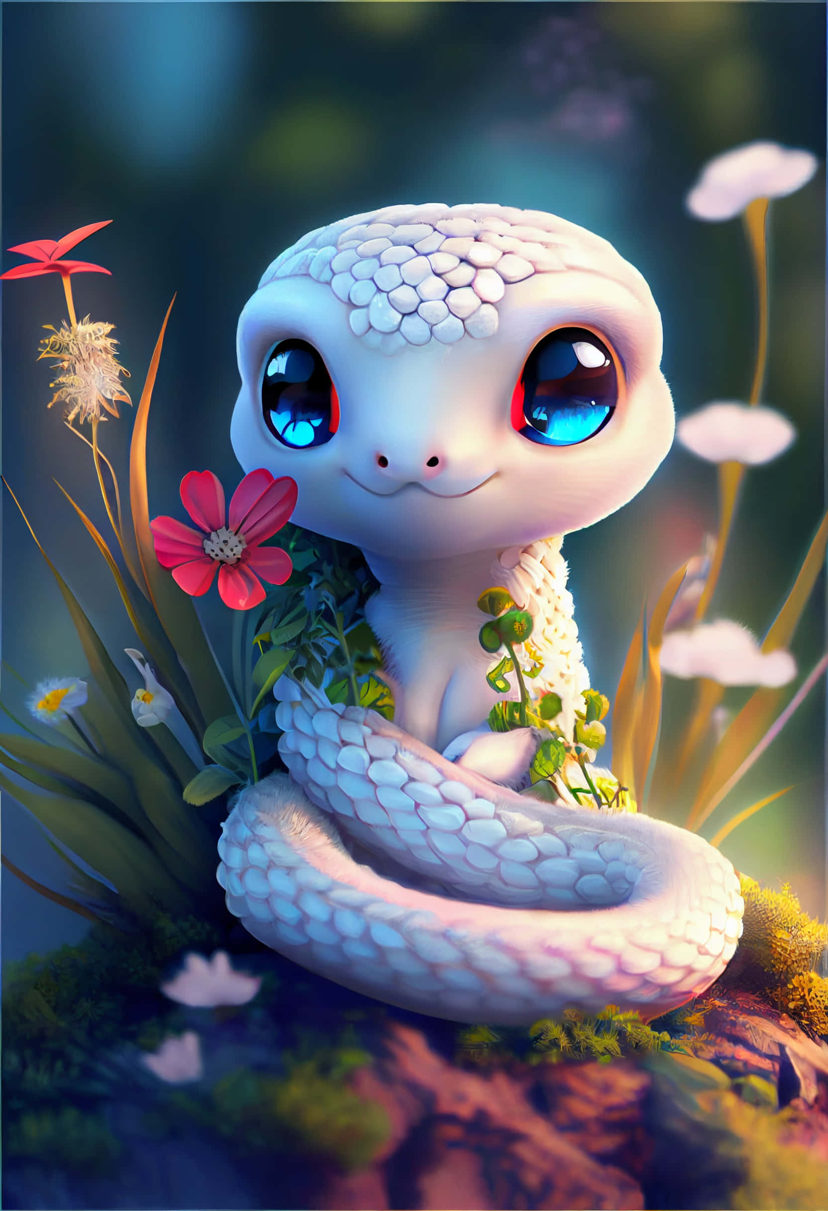 snakes 桌布 壁紙 — 一條可愛的白色蛇，有著大大的藍色眼睛，坐在柔和發光的花園中，周圍是色彩繽紛的花朵。