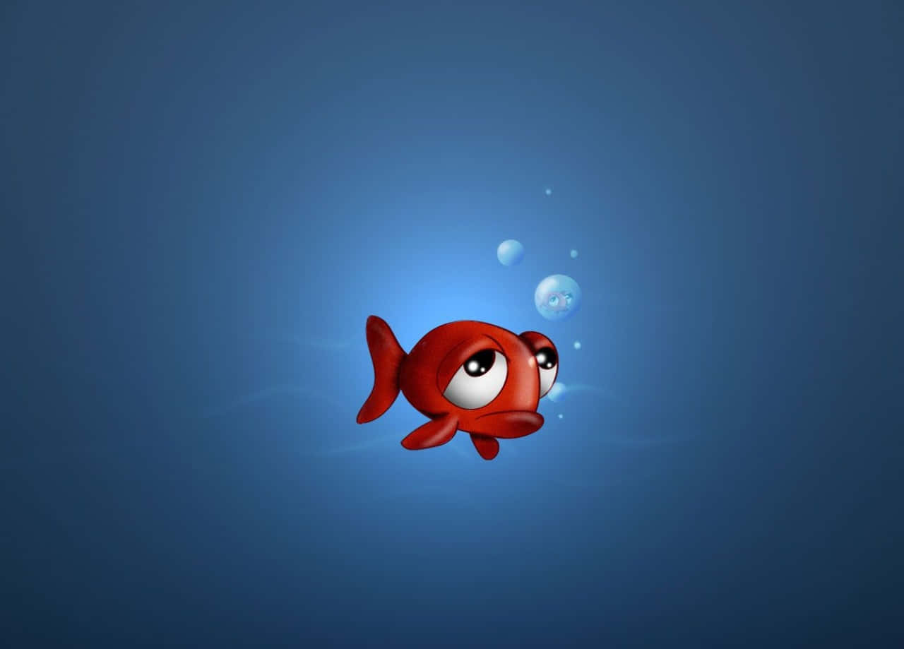 動物 桌布 壁紙 — 一條可愛的紅色卡通魚，大眼睛，在藍色水中向上游，留下小氣泡。