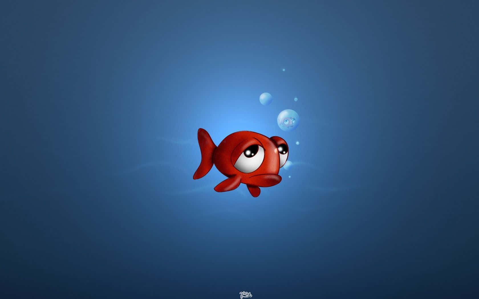 3d Fish 桌布 壁紙 — 一條可愛的紅色卡通魚在藍色水中向上游，留下一串氣泡。
