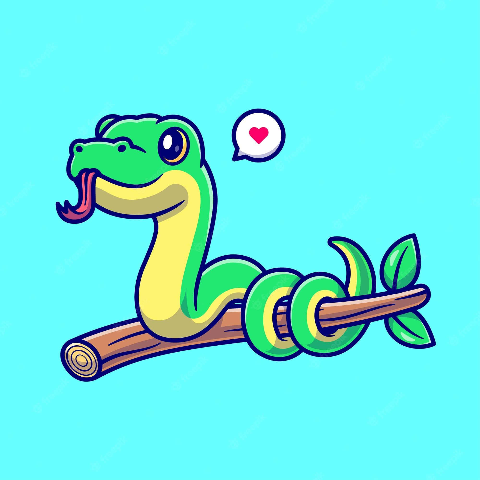 snakes 桌布 壁紙 — 一條可愛的綠色卡通蛇，帶著心形對話框，在淺藍色背景的木樹枝上盤繞著微笑。