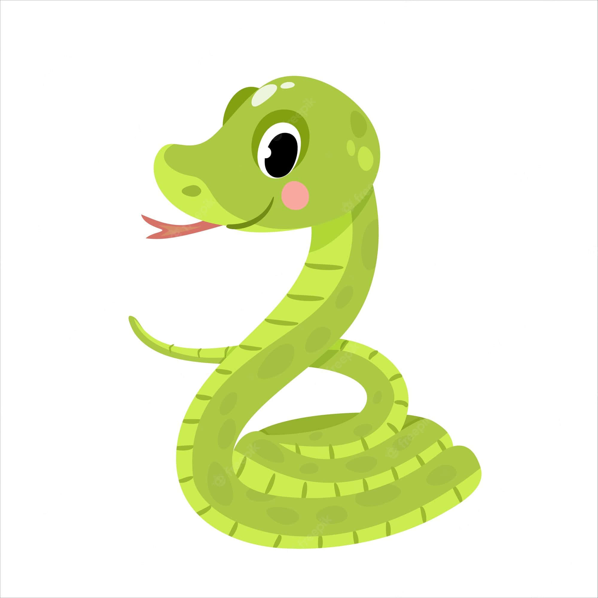 snakes 桌布 壁紙 — 一條可愛的綠色卡通蛇，有大眼睛和微笑的舌頭，蜷縮在白色背景上。