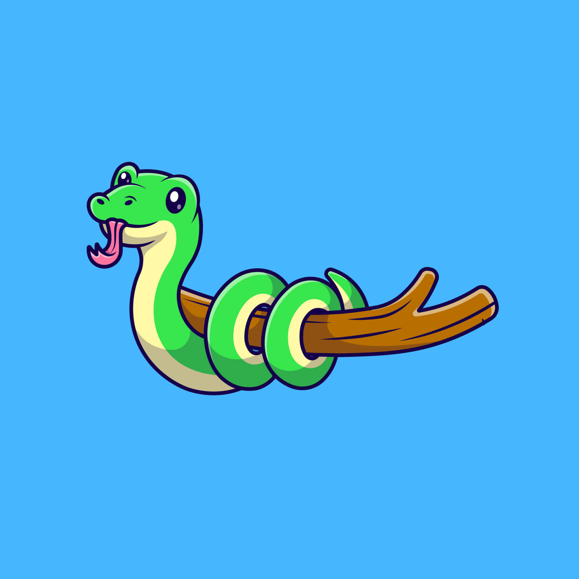 snakes 桌布 壁紙 — 一條可愛的綠色卡通蛇，粉紅色的舌頭纏繞在棕色樹枝上，背景為純藍色。
