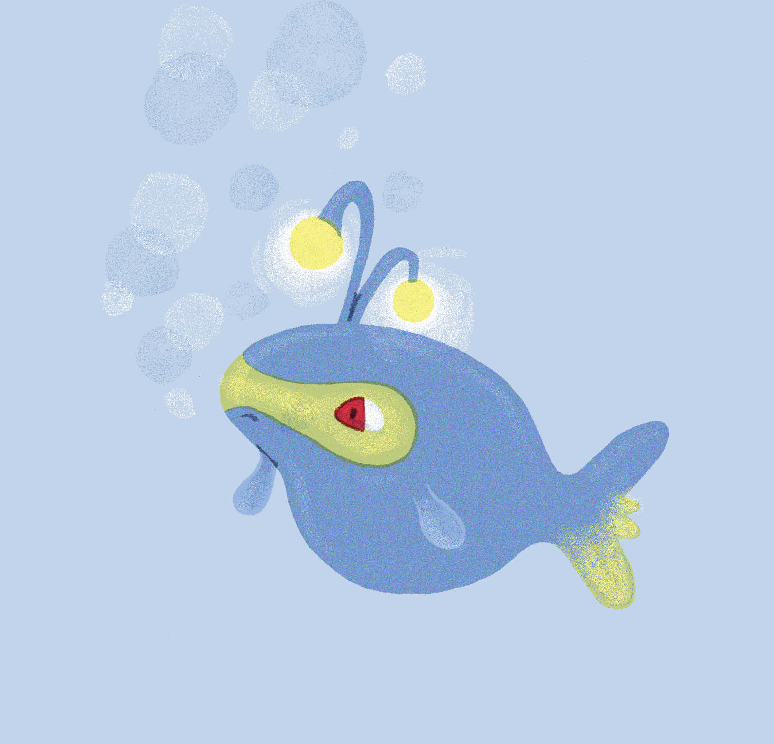 Pastel Blue Aesthetic 桌布 壁紙 — 一條可愛的藍色魚，帶有黃色點綴和發光觸角，在淺藍色背景上穿過柔軟的氣泡向上游動。