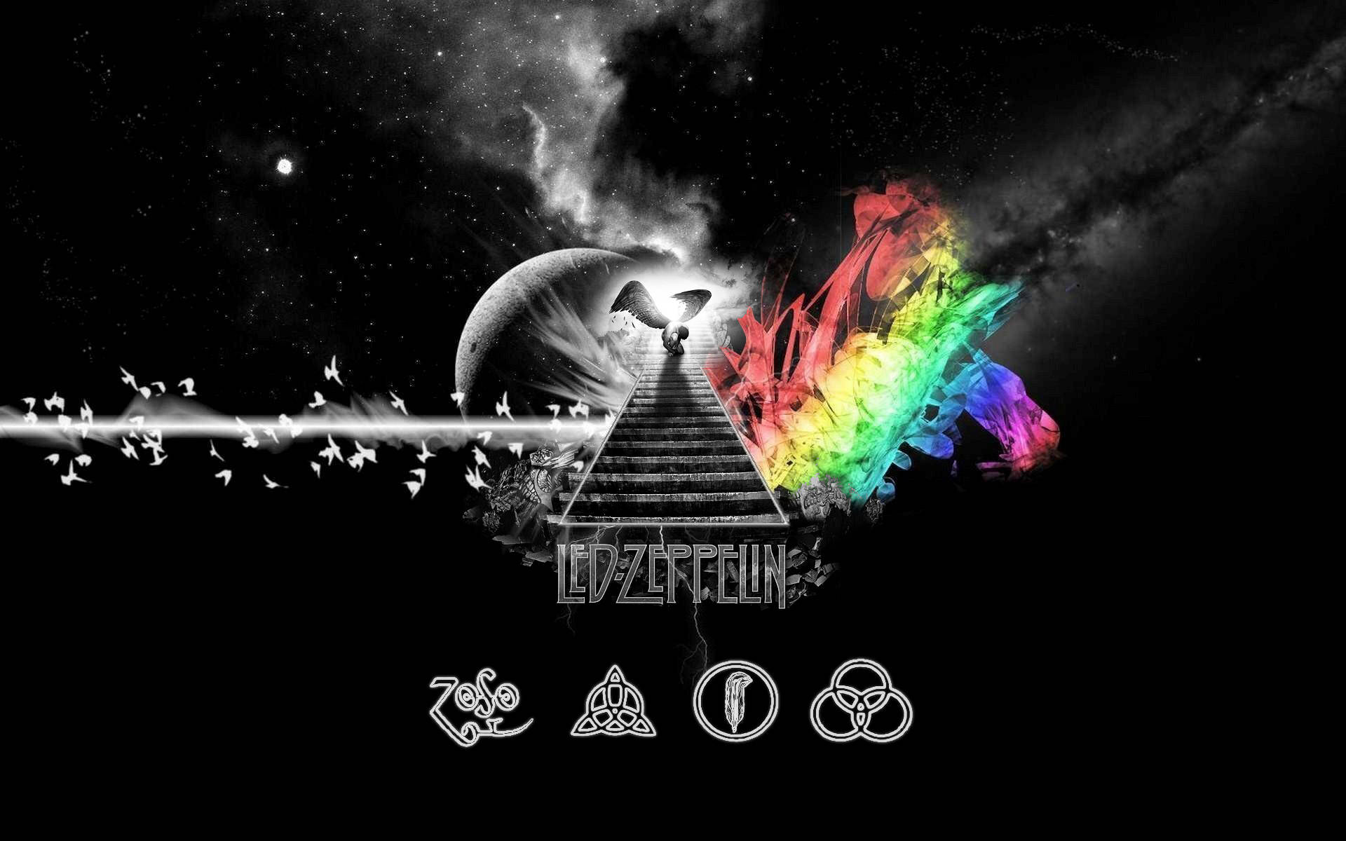 band 桌布 壁紙 — 一條單色宇宙樓梯向上延伸，通往一個發光的傳送門，兩側是彩虹爆炸和彎月，背景是星空虛空。