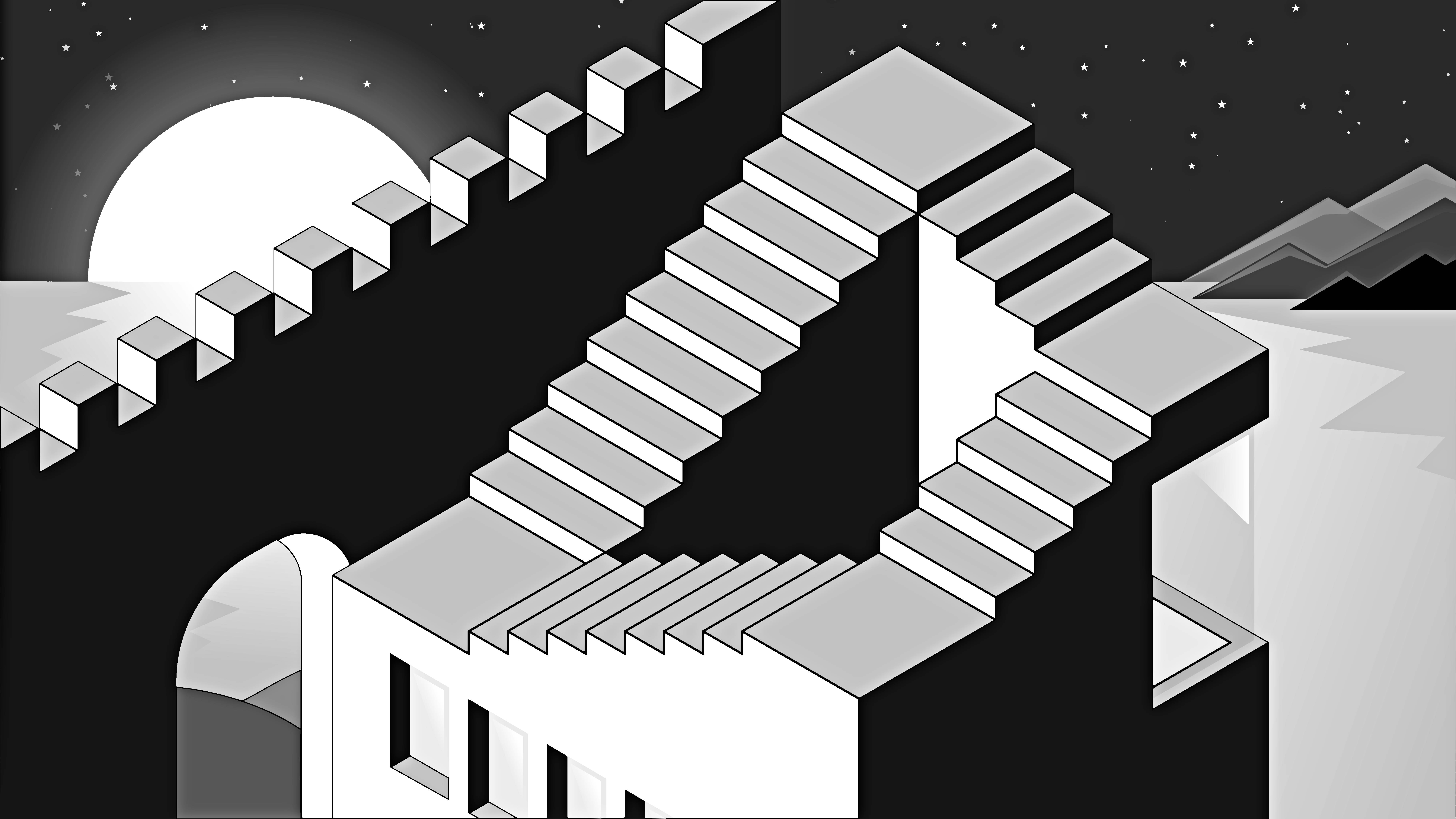 Illusion 桌布 壁紙 — 一條單色幾何樓梯螺旋向上，背景是繁星點點的夜空，還有一輪巨大的月亮。