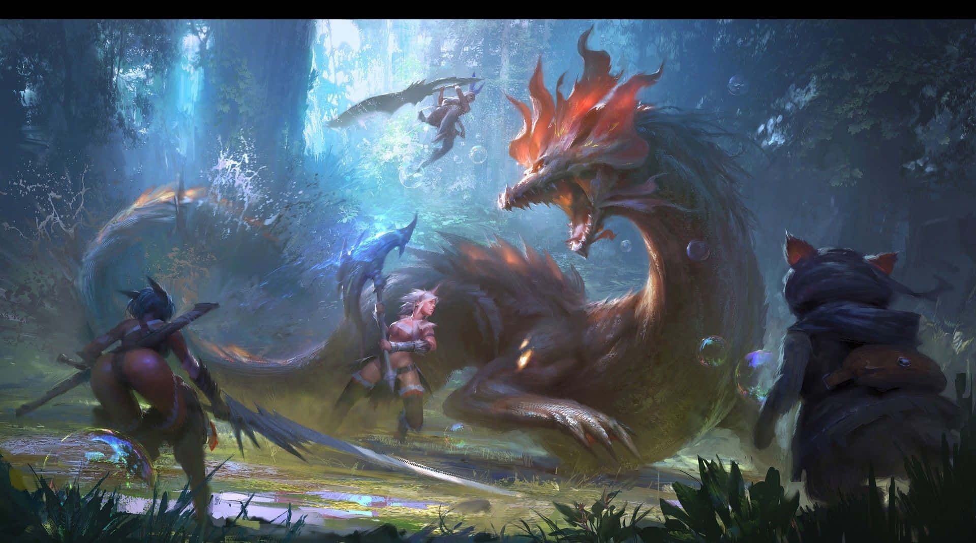 Monster Hunter Desktop 桌布 壁紙 — 一條噴火巨龍在迷霧籠罩的魔法森林中與冒險者戰鬥，周圍有發光的球體和空靈的光芒。