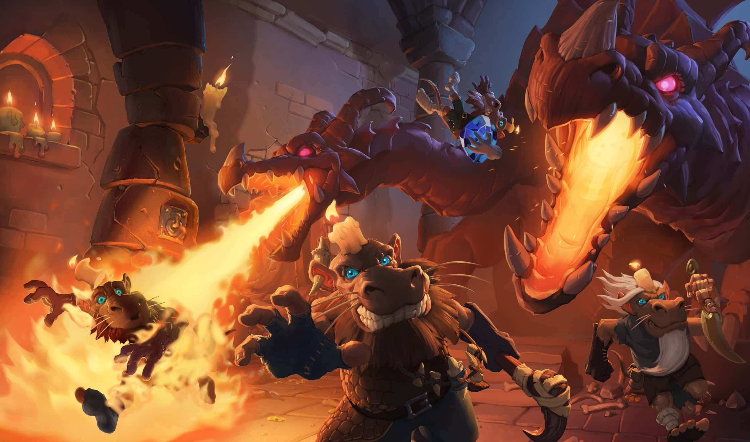 2440x1440 Hearthstone 桌布 壁紙 — 一條噴火龍噴出火焰，三個動畫角色在燭光石製地牢中戰鬥。