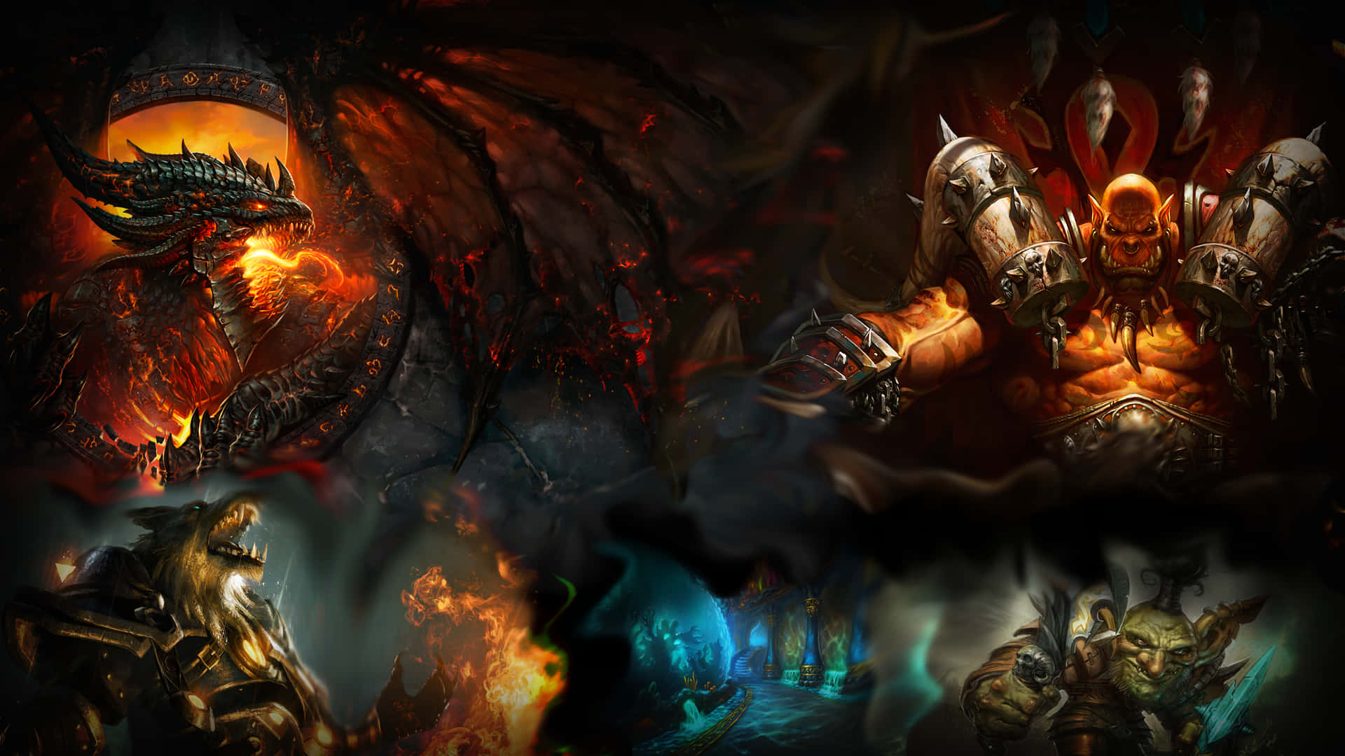 World Of Warcraft 1920x1080 桌布 壁紙 — 一條噴火龍噴出火焰，而一個惡魔般的獸人 warlord 和其他奇幻戰士在黑暗混亂的戰鬥場景中交戰。