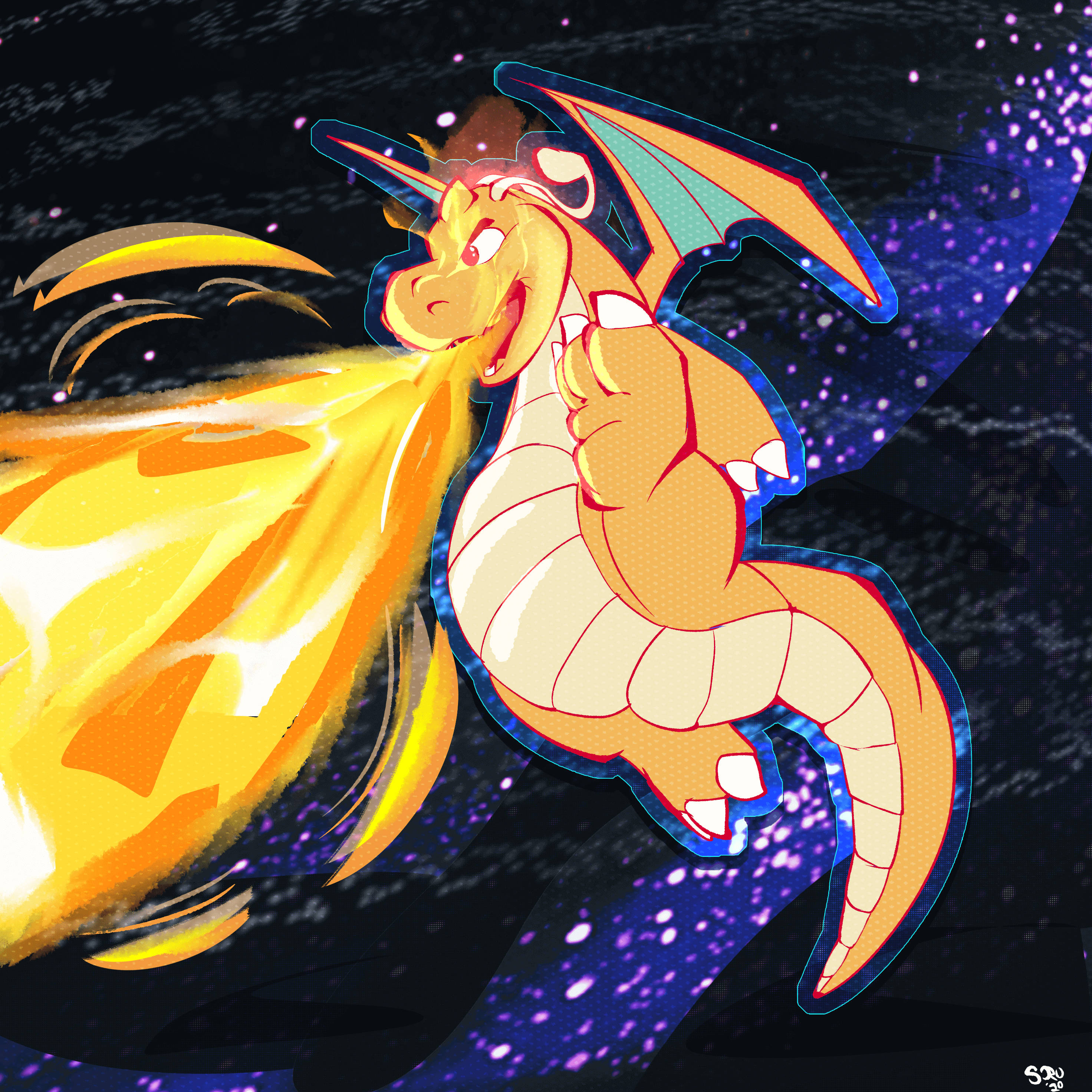 Dragonite 桌布 壁紙 — 一條噴火龍在星光燦爛的宇宙背景下噴出強烈火焰，伴隨著發光的紫色星雲。