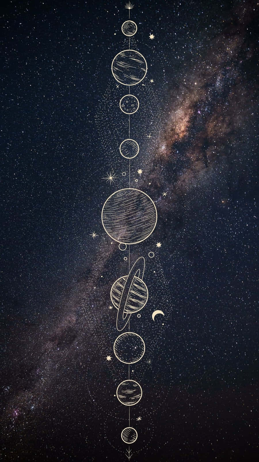 Galaxy Poster 桌布 壁紙 — 一條垂直線的手繪行星和星星漂浮在星空的銀河背景上，伴隨著一彎新月。