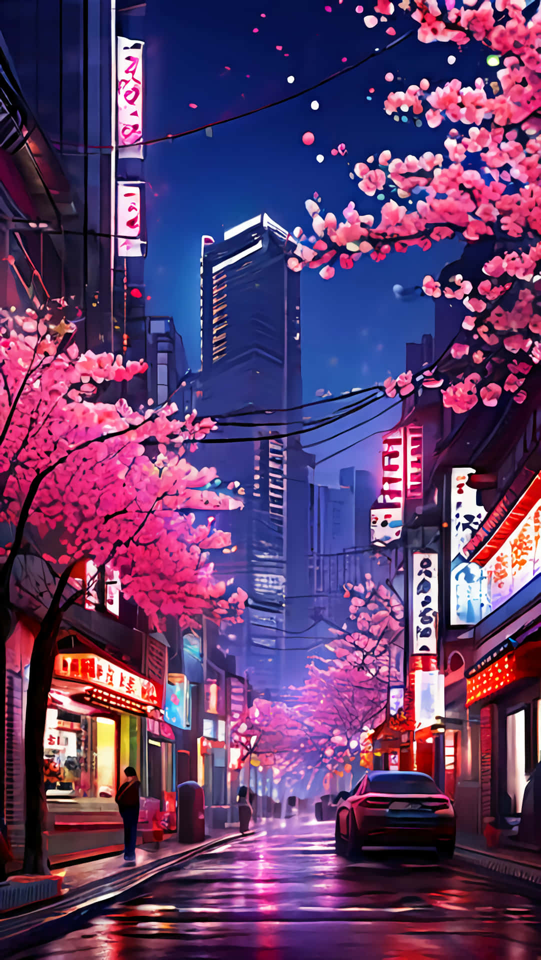 Night Street with Pink Flowers 壁紙 — 一條夜晚霓虹燈照亮的城市街道，被鮮豔的粉紅櫻花框住，倒映在濕漉漉的路面上。