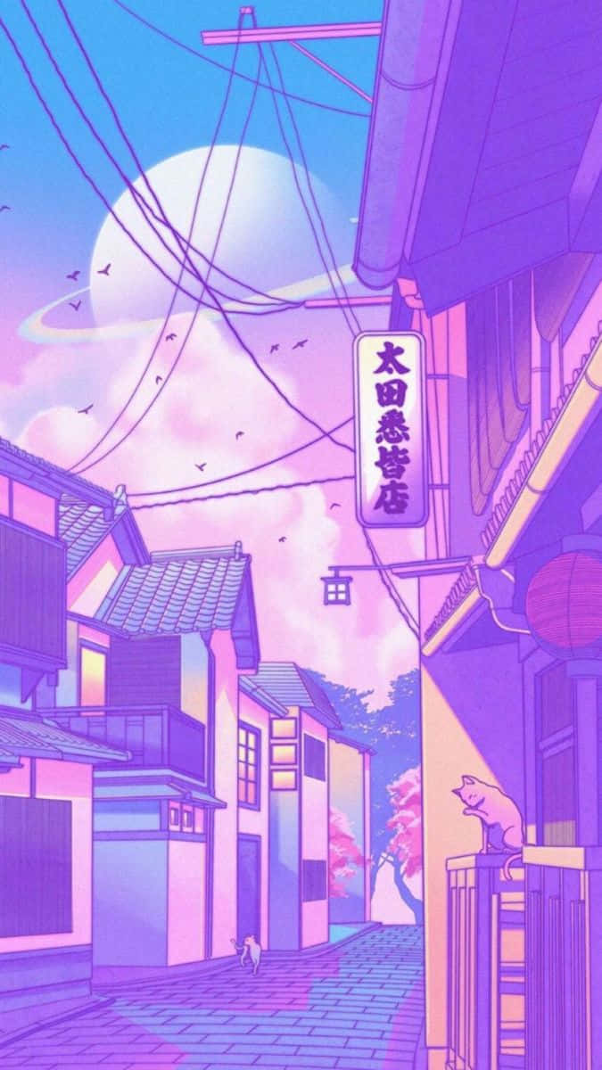 淡彩風格 桌布 壁紙 — 一條夢幻的動漫小巷，沐浴在紫色暮色中，一隻貓棲息在欄杆上，鳥兒在發光的月亮下飛翔。