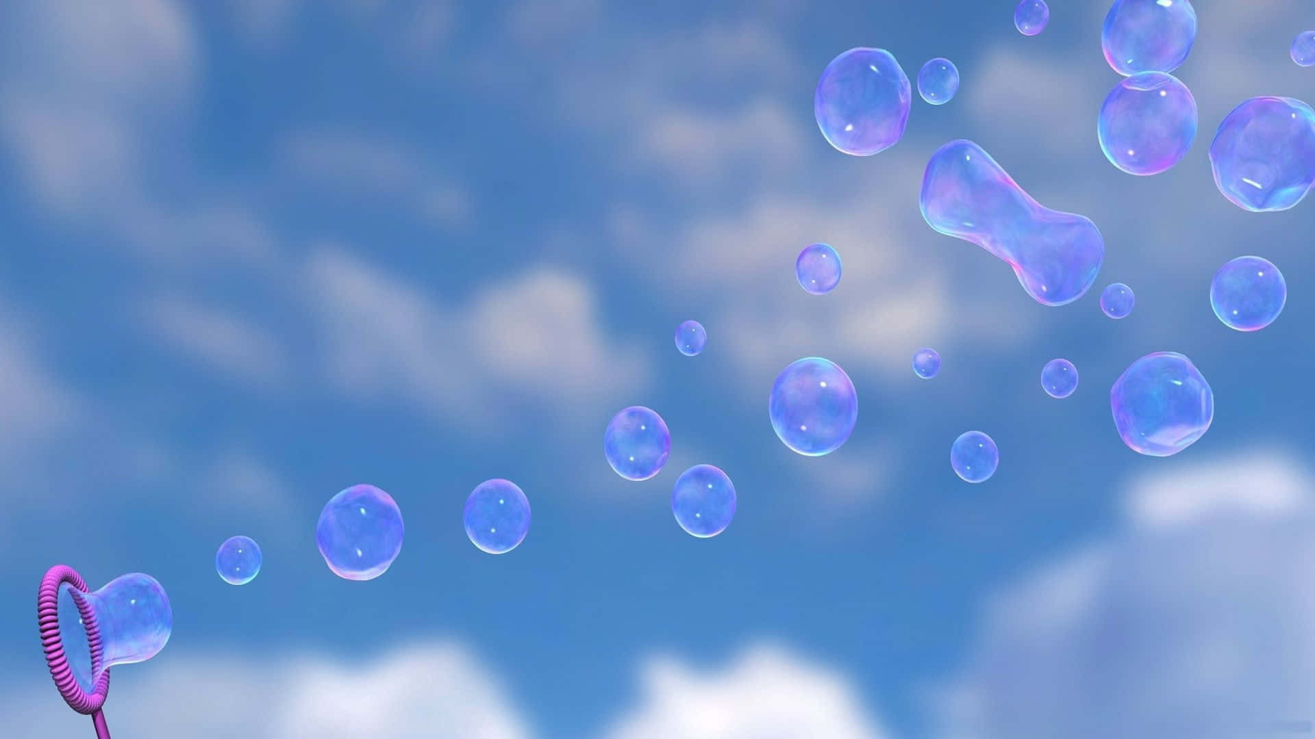 Bubbles 桌布 壁紙 — 一條夢幻的彩虹色紫藍色泡泡流，漂浮在柔和的藍天和 fluffy 白雲之間。