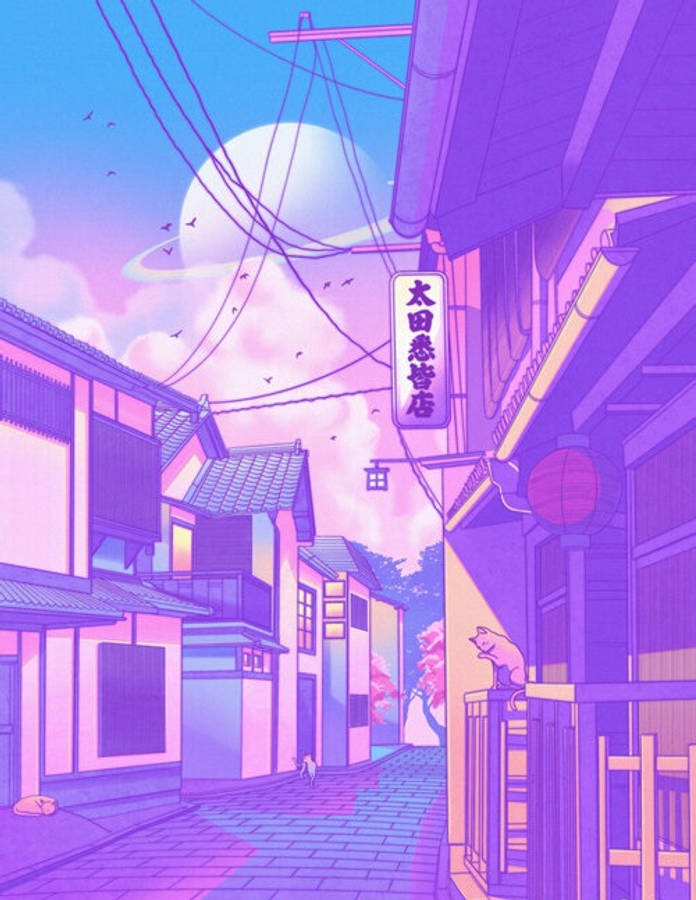 Digital 桌布 壁紙 — 一條夢幻般的動漫風格小巷，沐浴在紫色和粉色的色調中，頭頂有巨大的月亮和飛鳥。