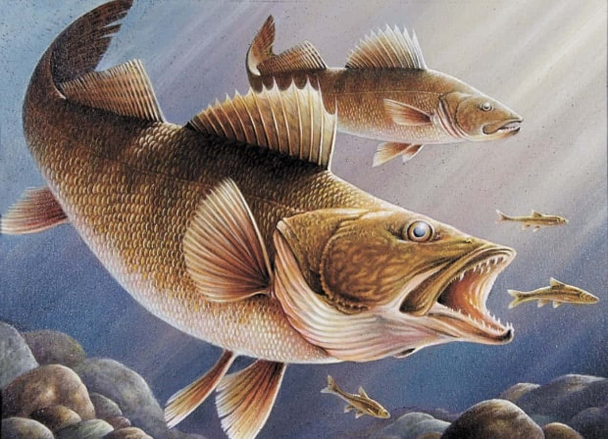 Walleye 桌布 壁紙 — 一條大型掠食性魚類張開下顎在岩石附近的水底游動，附近有較小的魚。